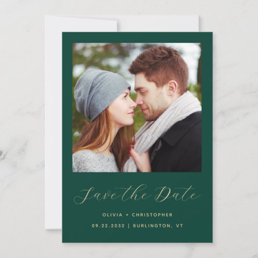 Minimalistisches Foto Emerald Green Gold Script Save The Date (Vorderseite)