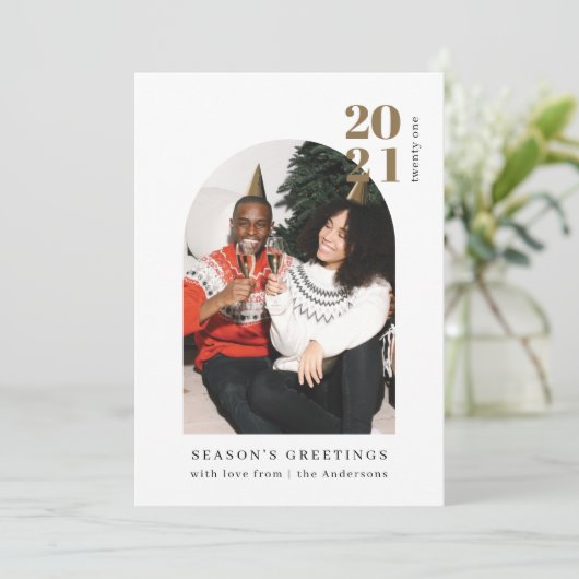 Minimalistisches Foto Gold Arch Couple Weihnachtsf Einladung (Stehend Vorderseite)