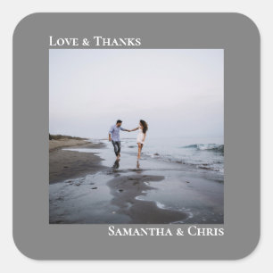 Minimalistisches Foto Gray Liebe & Danke Hochzeit Quadratischer Aufkleber