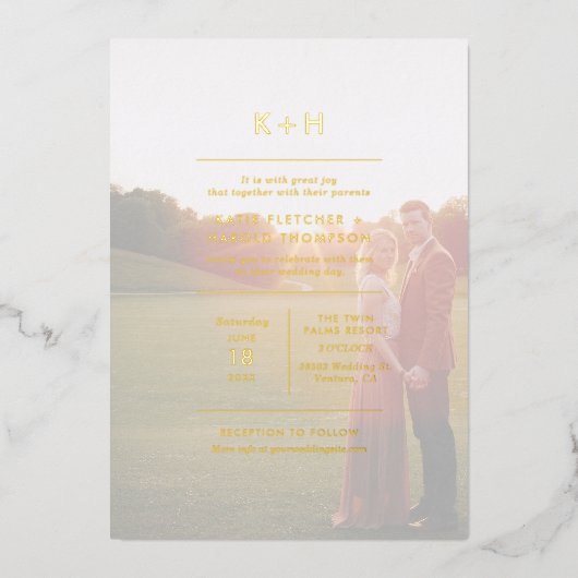 Minimalistisches Foto Hochzeit Real Gold Foil Einl Folieneinladung (Vorderseite)