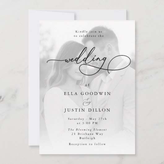 Minimalistisches Foto mit eleganter Script-Hochzei Einladung (Vorderseite)