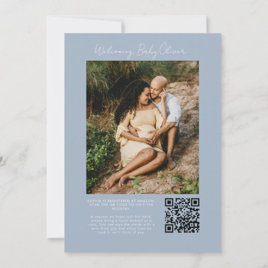 Minimalistisches Foto QR Code Kinderdusche Einladung (Rückseite)