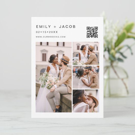 Minimalistisches Foto QR Code White Wedding Einladung (Stehend Vorderseite)