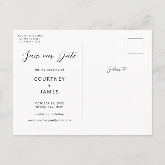 Minimalistisches Foto Save the Date Einladung Postkarte (Rückseite)