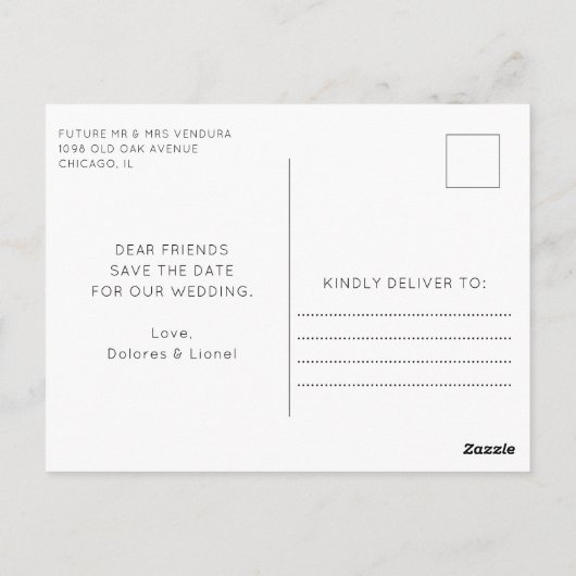 Minimalistisches Foto Save the Date Postkarte (Rückseite)