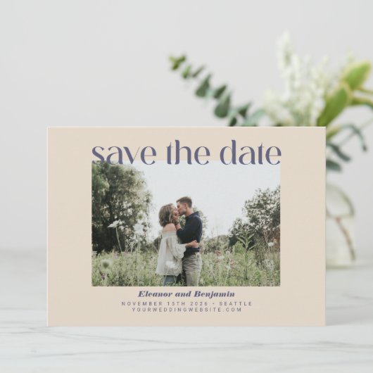 Minimalistisches geometrisches Blush Blue Foto Mod Save The Date (Stehend Vorderseite)