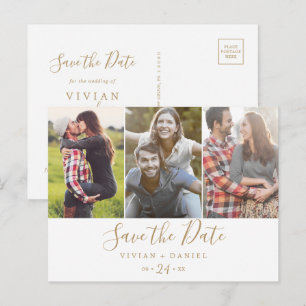 Minimalistisches Gold 3 Foto Save the Date Einladungspostkarte