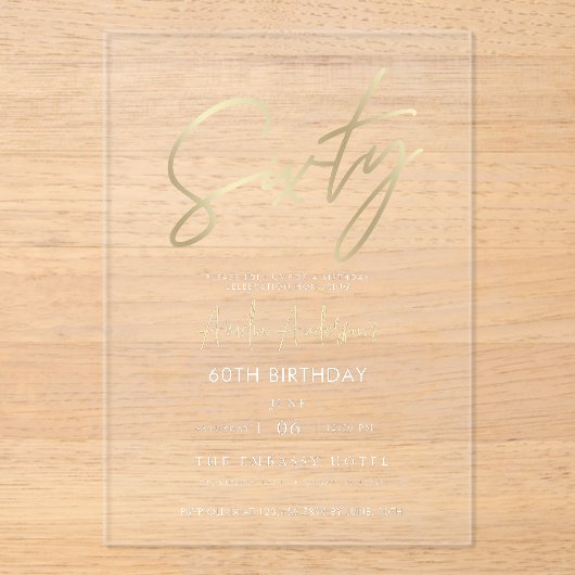 Minimalistisches Gold Elegant Script 60. Geburtsta Acryleinladungen (Vorderseite)