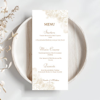 Minimalistisches Gold Floral Elegante Hochzeit Menükarte