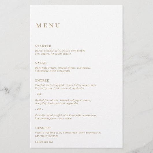 Minimalistisches Gold Modern Wedding Menu (Vorderseite)
