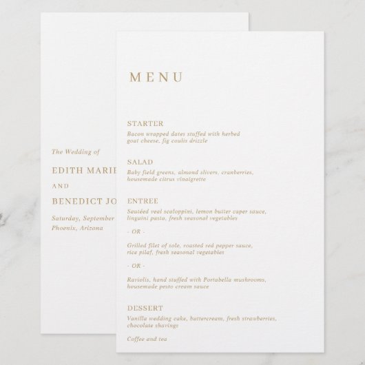Minimalistisches Gold Modern Wedding Menu (Vorne/Hinten)