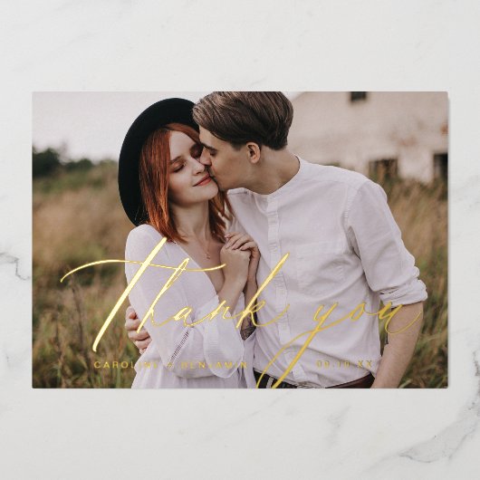 Minimalistisches Gold Script Foto Hochzeit danke Folieneinladung (Vorderseite)