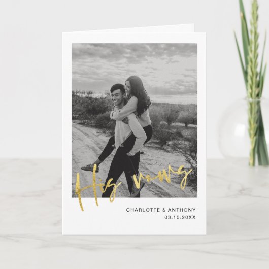Minimalistisches Gold Script Foto Seine Vow Card Karte (Vorderseite)