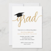 Minimalistisches Gold Script Graduation Cap Party Einladung (Vorderseite)