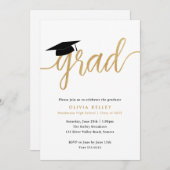 Minimalistisches Gold Script Graduation Cap Party Einladung (Vorne/Hinten)