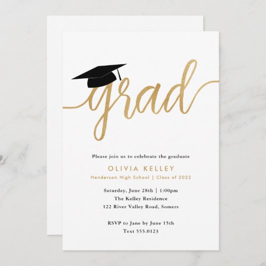 Minimalistisches Gold Script Graduation Cap Party Einladung (Vorne/Hinten)