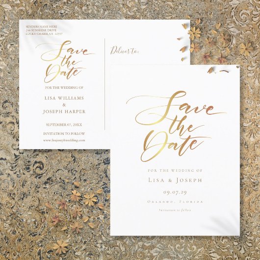 Minimalistisches Gold-Script Save the Date Ankündigungspostkarte