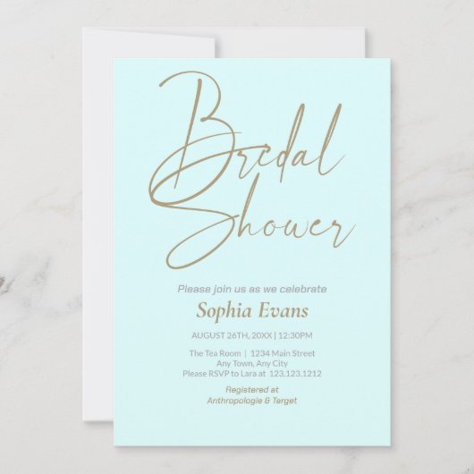 Minimalistisches Gold Silver Light Cyan Brautparty Einladung (Vorderseite)