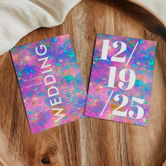 Minimalistisches Gold und Opal fett rosa Chic Wedd Einladung