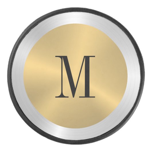 Minimalistisches Gold und Silber-Metallic-Monogram Eishockey Puck (Vorderseite)
