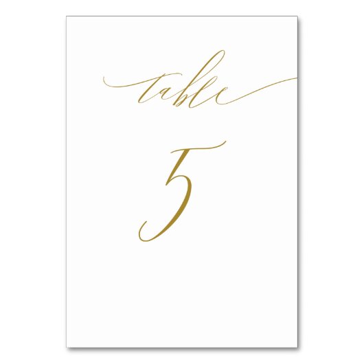 Minimalistisches Gold Weiß Stilschrift Nr. 5 Hochz Tischnummer (Vorderseite)