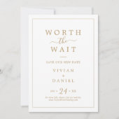 Minimalistisches Gold wert die warte covid Hochzei Save The Date (Vorderseite)