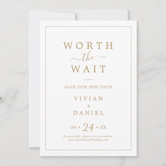 Minimalistisches Gold wert die warte covid Hochzei Save The Date (Vorderseite)