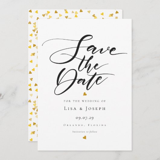 Minimalistisches Goldenes Herz für Schwarz und Wei Save The Date (Vorne/Hinten)