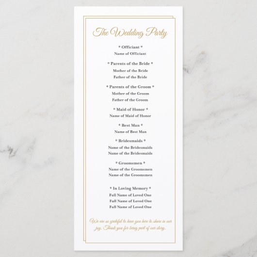 Minimalistisches goldenes Hochzeitsprogramm mit Ra Programm (Rückseite)
