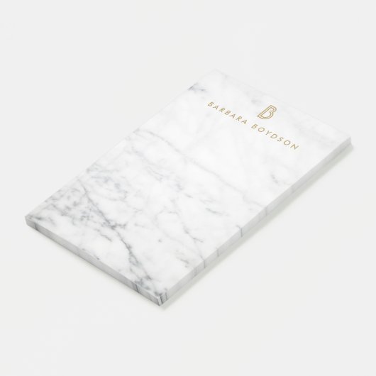 Minimalistisches Goldmonogramm aus weißem Marmor Post-it Klebezettel (angewinkelt)