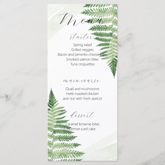 Minimalistisches Green Fern Wedding Menu Menükarte (Vorderseite)