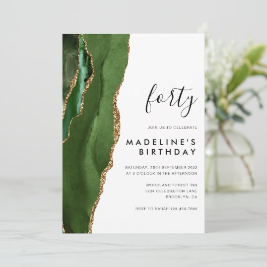 Minimalistisches Green Gold Agate Geode 40. Geburt Einladung (Stehend Vorderseite)