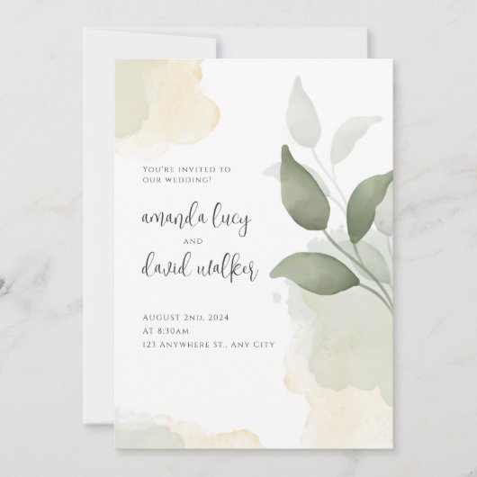 Minimalistisches Grünes Blatt Einladung zur Hochze (Vorderseite)