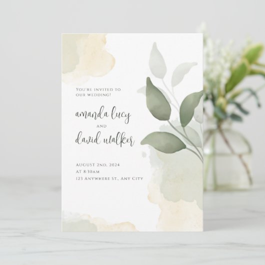 Minimalistisches Grünes Blatt Einladung zur Hochze (Stehend Vorderseite)