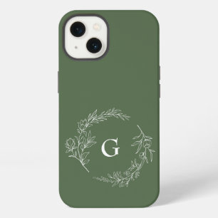 Minimalistisches grünes florales Monogramm iPhone 13 Hülle