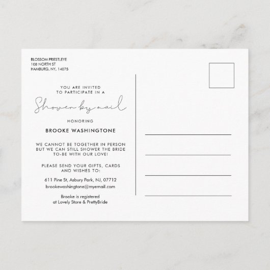 Minimalistisches handgeschriebenes Brautparty per Postkarte (Rückseite)