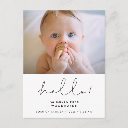 Minimalistisches handgeschriebenes Hello new baby  Postkarte (Vorderseite)