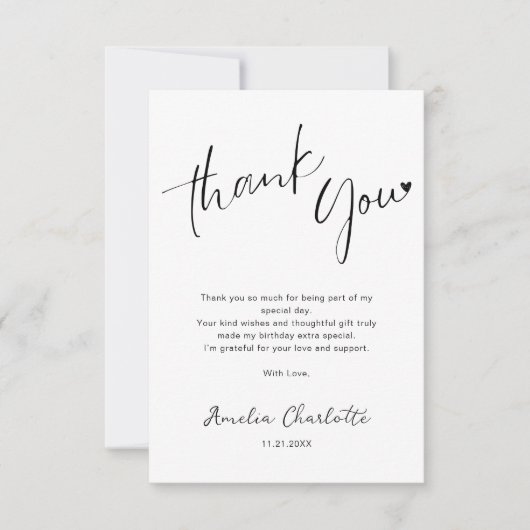 Minimalistisches handgeschriebenes Skriptherz Gebu Dankeskarte (Vorderseite)