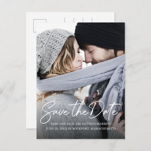 Minimalistisches handgeschriebenes White Calligrap Ankündigungspostkarte (Vorne/Hinten)