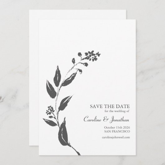 Minimalistisches handGezeichnet botanisches Schwar Save The Date (Vorne/Hinten)