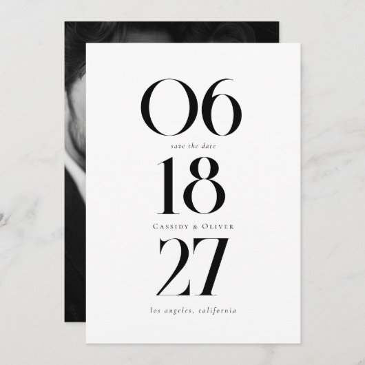 Minimalistisches Hochzeitdatum Fett Schwarz-weißes Save The Date (Vorne/Hinten)