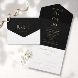 Minimalistisches Hochzeitdatum für Schwarz-Gold-Mo All In One Einladung
