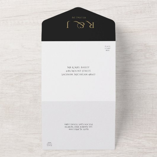 Minimalistisches Hochzeitdatum für Schwarz-Gold-Mo All In One Einladung (Außenbereich)