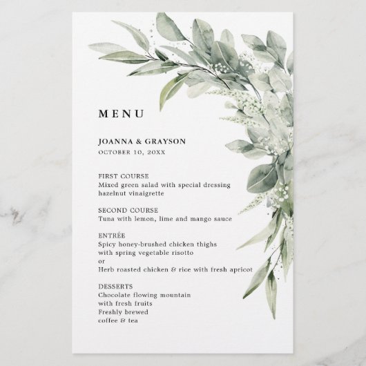 Minimalistisches Hochzeitmenü für Eukalyptus-Sage (Vorderseite)