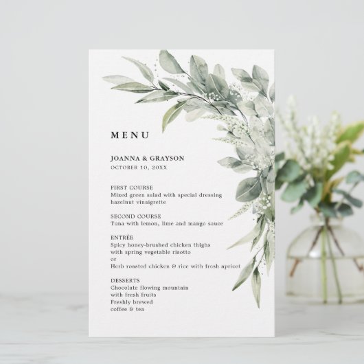 Minimalistisches Hochzeitmenü für Eukalyptus-Sage (Stehend Vorderseite)
