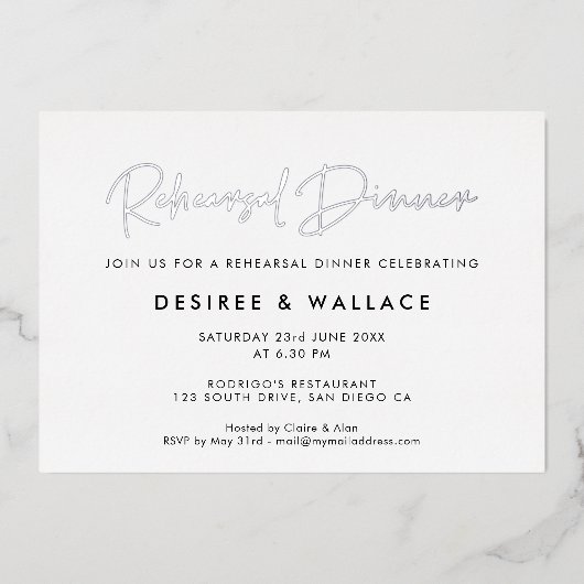 Minimalistisches Hochzeitsessen Probe Folieneinladung (Vorderseite)