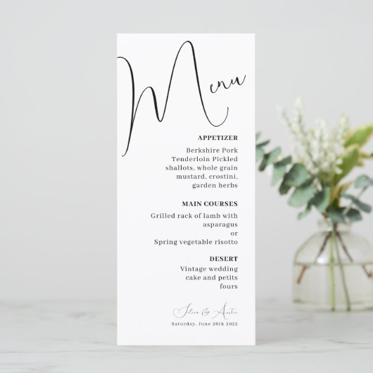 Minimalistisches Hochzeitsmenü für Handscript-Text Menükarte (Stehend Vorderseite)