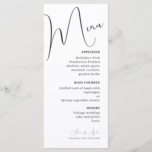 Minimalistisches Hochzeitsmenü für Handscript-Text Menükarte (Vorderseite)