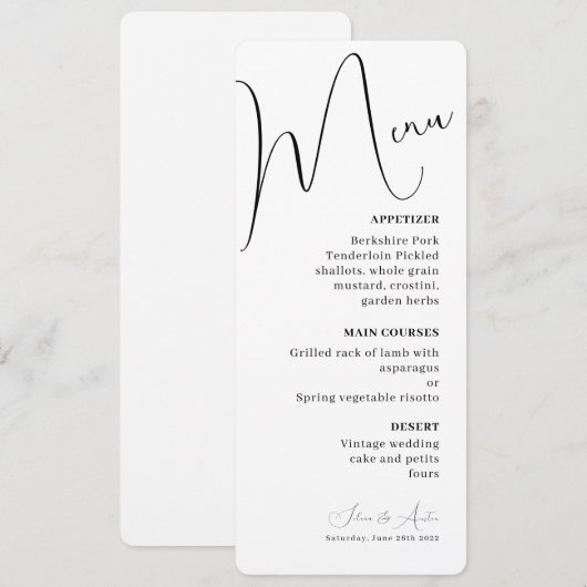 Minimalistisches Hochzeitsmenü für Handscript-Text Menükarte (Vorne/Hinten)
