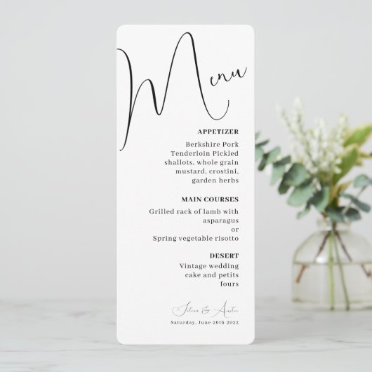 Minimalistisches Hochzeitsmenü für Handscript-Text Menükarte (Stehend Vorderseite)
